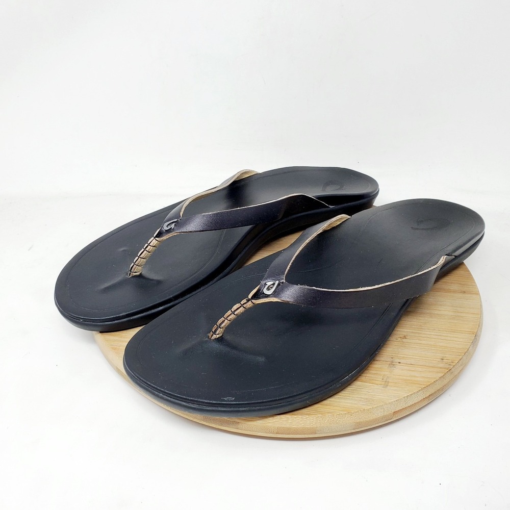 Olukai Hoopio Sandals Womens 10 Black Flip Flop Thong Pool Beach Shoes Ho'opio